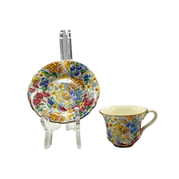 Vintage Flat Demitasse Cup & Saucer Sussex Cherry Chintz by Erphila Germany #3 - Picture 2 of 15